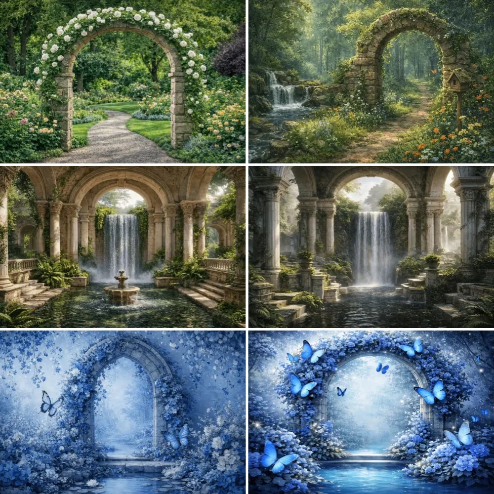 

Romantic Garden Arch Backdrop Butterfly Waterfall Scenery Photography Banner Wedding Bridal Birthday Party Decoration Background
