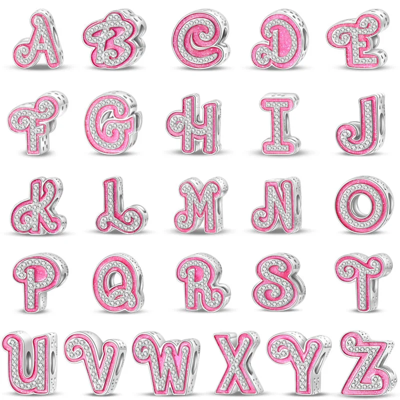 S925 Sterling Silver Charm Fit 3mm Bracelets pave Pink Zircon A-Z 26 English Letters Alphabet Beads DIY Jewelry for Girls Women