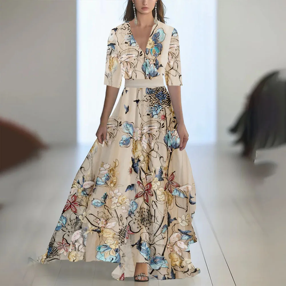 Elegante vintage dames zomer lange jurk met korte mouwen Boho bloemenprint sexy diepe v-hals maxi-jurken dames vestidos zonnejurk