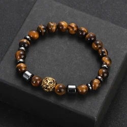 Men Natural Tiger Eye Stone Bracelet Hematite Beads Couple Bracelets for Women Lion Head Charm Bracelets Jewelry Gift