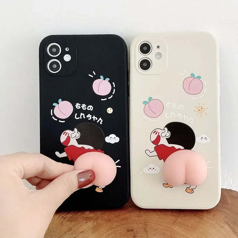 Funny Cartoon Peach Ass Reliever Stress Case For iPhone 16 12 13 promax 14 15 Pro Max Silicone Soft Nohara Shinnosuke Back Cover