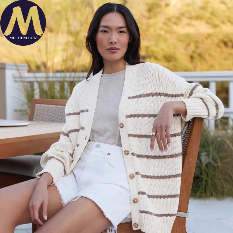 

Women's Autumn Winter V-Neck Cardigan Stripe Knitted Sweater Single-Breasted Loose Fashionable Casual Warm Coat