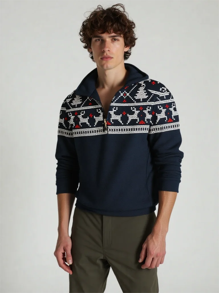 

Christmas Elk Printed Half Zip Long Sleeve Sweatshirts Fall Men's Pullover Fashion Stand Collar Loose Tops X'mas Vintage Clothes