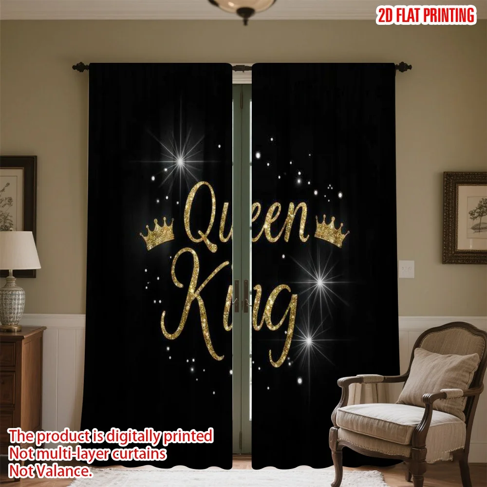 

2D flat printing 2pcs Curtain Sparkling Queen King Crowns Digital Printed Polyester Drapes Family Party Perfect for Holiday Home