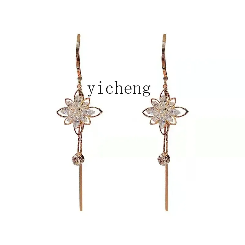 

XL crystal flower fringed earrings women's sterling silver cold style new popular ear jewelry