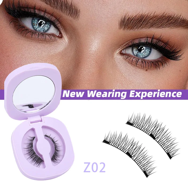 1 Paar 3 magnetische Wimpern, violette Box, magnetische falsche Wimpern, kleberfrei, natürlich wiederverwendbar, magnetische Wimpern mit Clip-Set