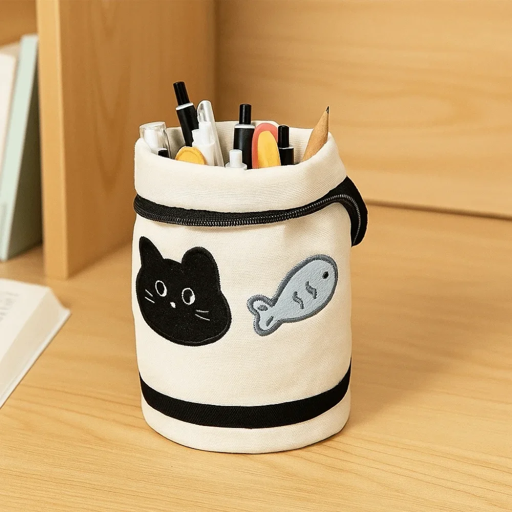 Desktop Storage Cartoon Cat Stationery Bag Korean Style Water Cup Shape Handheld Pen Container Fruit Aesthetic