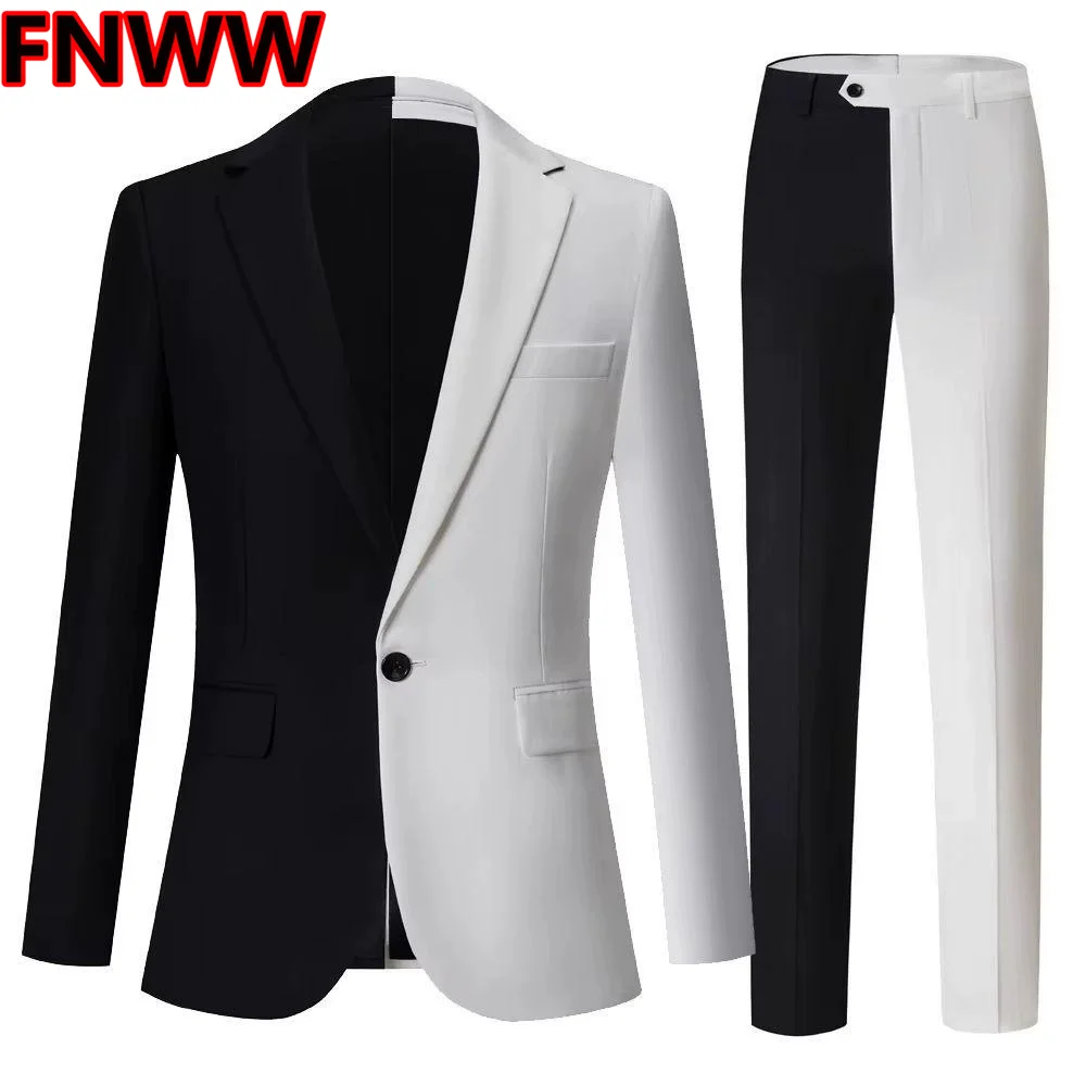Elegant Men's Business Suit Black & White Contrast Slim Fit 2-Piece Set Fashionable Blazers Jacket And Pants for Stage Party