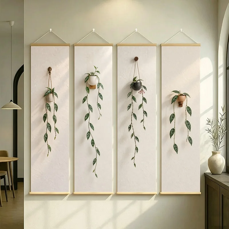 Trailing Leaf Wall Art 4-Panel Green Plant Pot Hanging Scroll Set on Beige Silver Shimmer Canvas for Airy Bedroom Decor