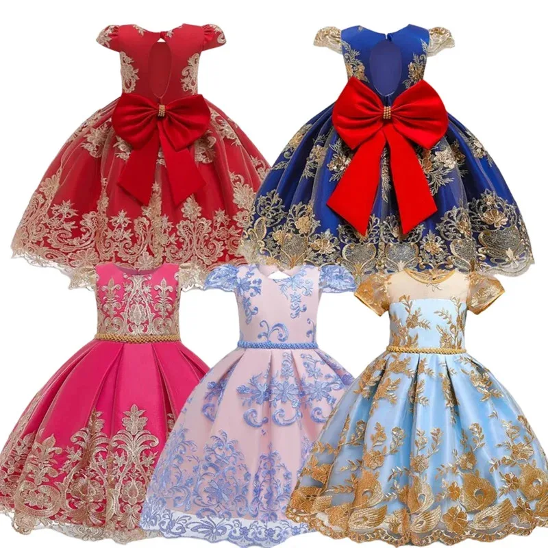 

2023 Girl Dress For Wedding Birthday Flower Embroidery Outfits Children's Dresses Party Ball Gown Wear Clothes