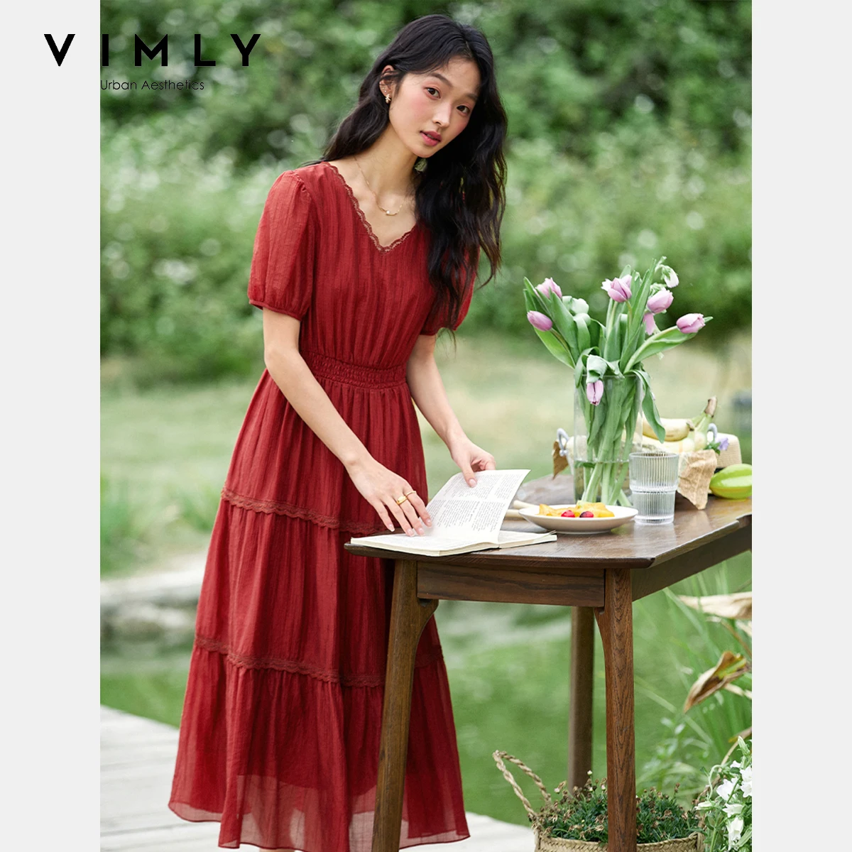 

VIMLY Women Summer Midi Dresses Woman 2025 Elegant Ladies Lace V-neck Short Sleeve Smocked Waist Red Dress Robe Femmes A1625