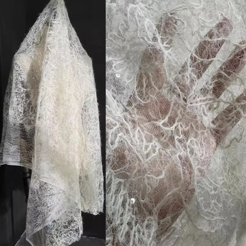 Hemp Rope Embroidered Hairy Lace Mesh Fabric High End Heavy Industry Headgear Creative Fashion Embroidery Designer Fabric