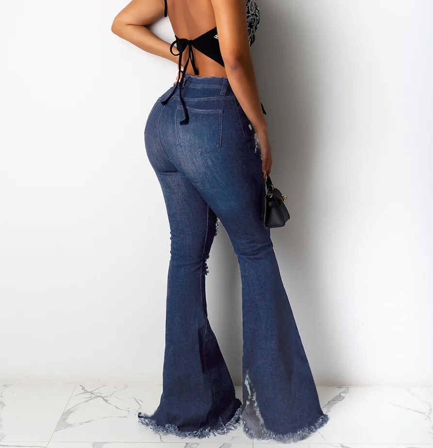 Sexy Women's Perforated Blown High Waist Flared Jeans Female Daily Clothing New Fashion Women Casual Slimming Denim Pants