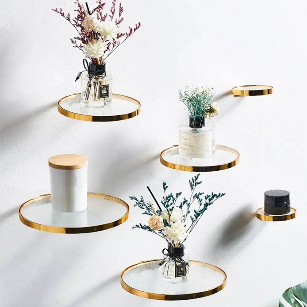 Fashion Wrought Iron Glass Ledge Rack Wall Mounted Gold Round Floating Shelf Decorative Plant Floating Shelf Office