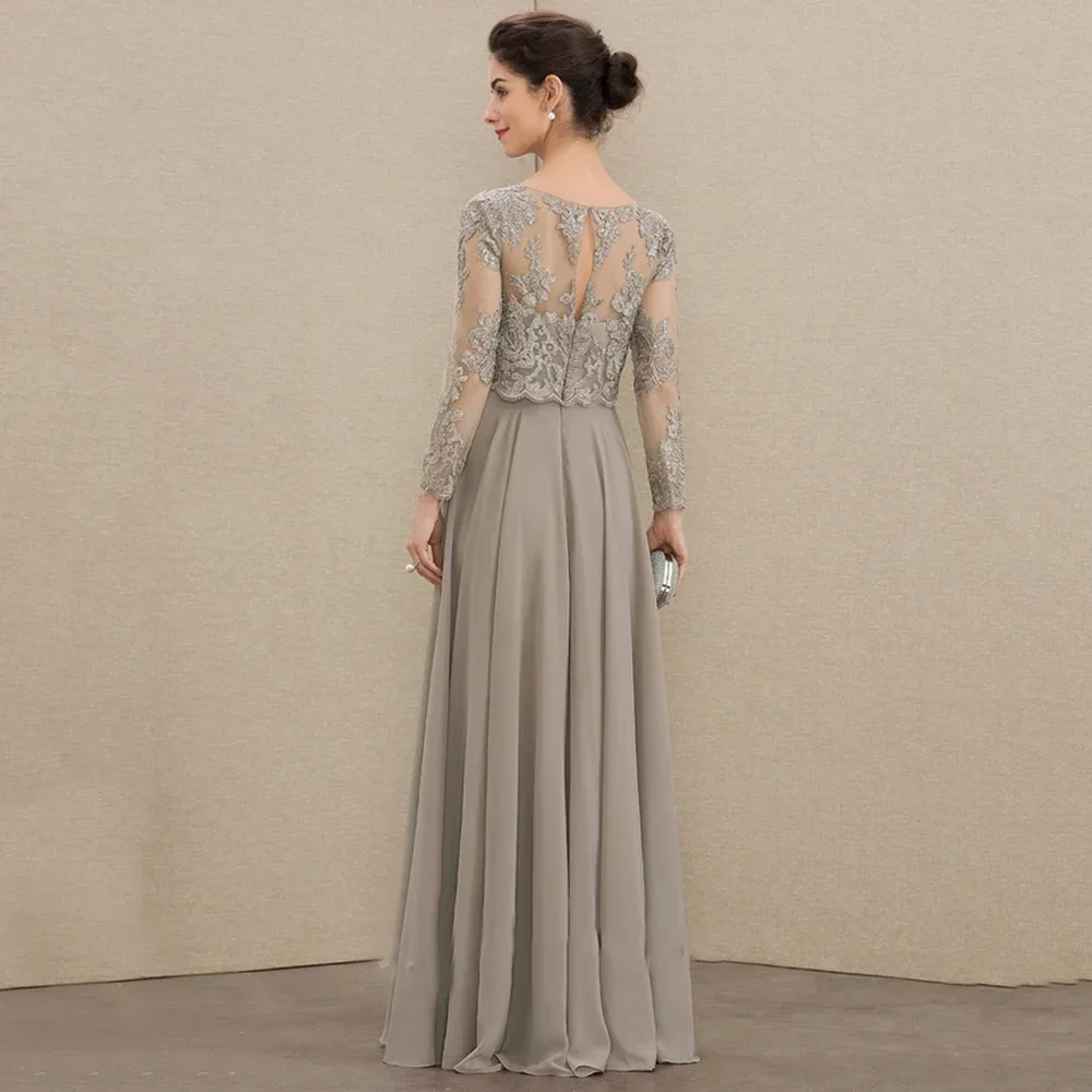 Customized Classic Mother Of The Bride Dresses Lace Appliques Sequined Scoop Neck Floor-Length Dress Full Sleeve Chiffon Wedding