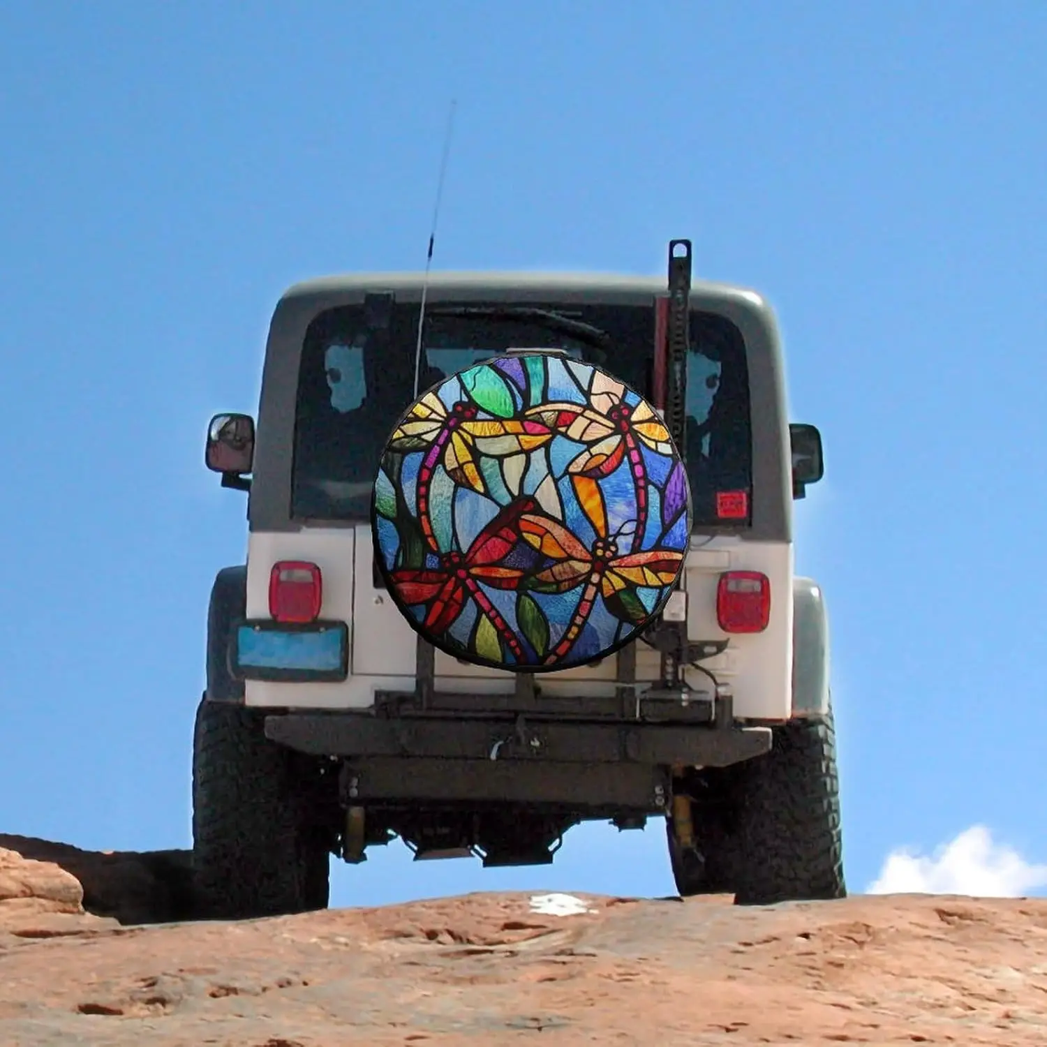 

Чехол для запасного колеса, 16 дюймов, весна-лето, стрекоза, стеклянный стиль, цветы, защита от атмосферных воздействий, защита колес, животные, стрекоза