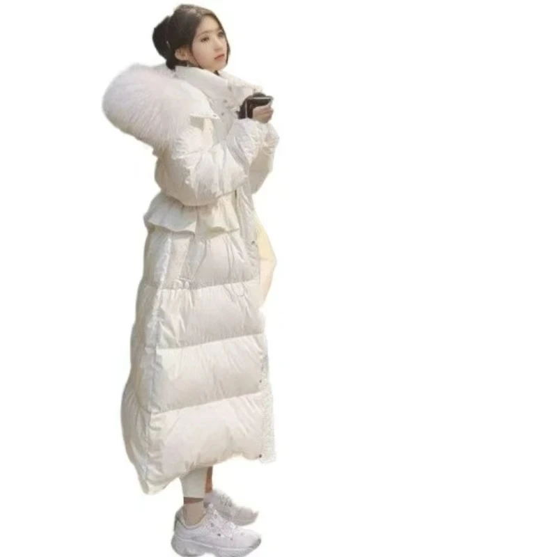 

Solid Colour Temperament Commuter Long Down Jacket Women' Winter Hooded Big Fur Collar Waist New High-end Warm Jacket Down Coats