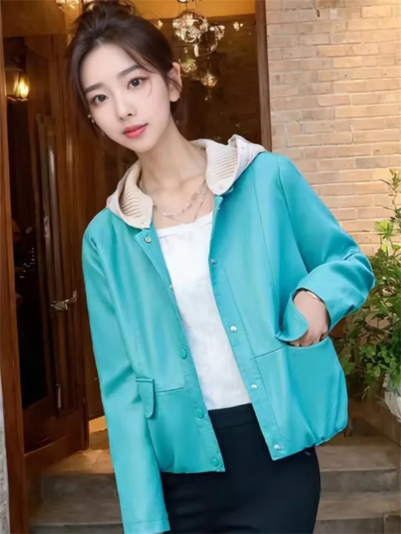 Chaqueta de cuero PU para motocicleta para mujer, abrigo corto con capucha de retazos, corte holgado, moda de primavera y otoño, prendas de vestir exteriores para mujer