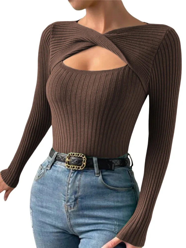 Casual Long Sleeve Hollow Out Irregular Round Neck T Shirts Basic Tee Sweater Top Lightweight Sweaters for Women Autumn