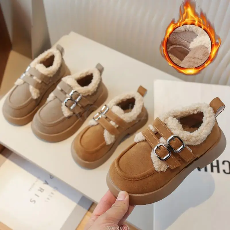 Autumn Winter Children Flats Shoes Solid Plush Warm Korean Style Girls Princess Casual Shoes Soft Bottom Furry Kids Cotton Shoes