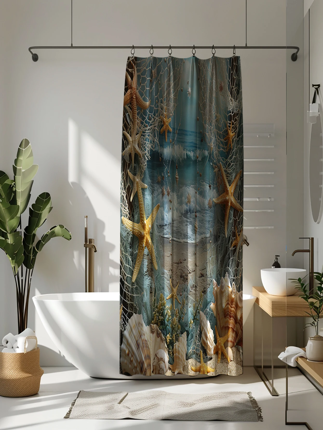 1 pack of shell pattern polyester material shower curtain tarpaulin bathroom thickeneded mildew-proof partition curtain bathroom water-blocking