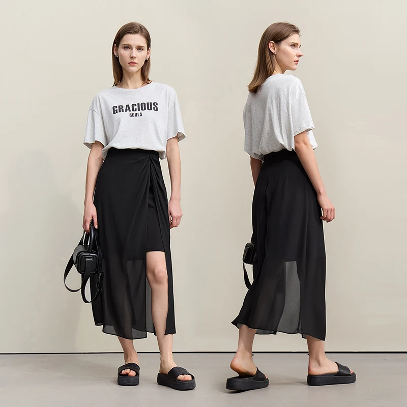 Amii Women's Skirt 2026 Summer Elegant Chiffon Midi Skirt Pleated Side Slit Office Casual Versatile Women's Clothing 12612002