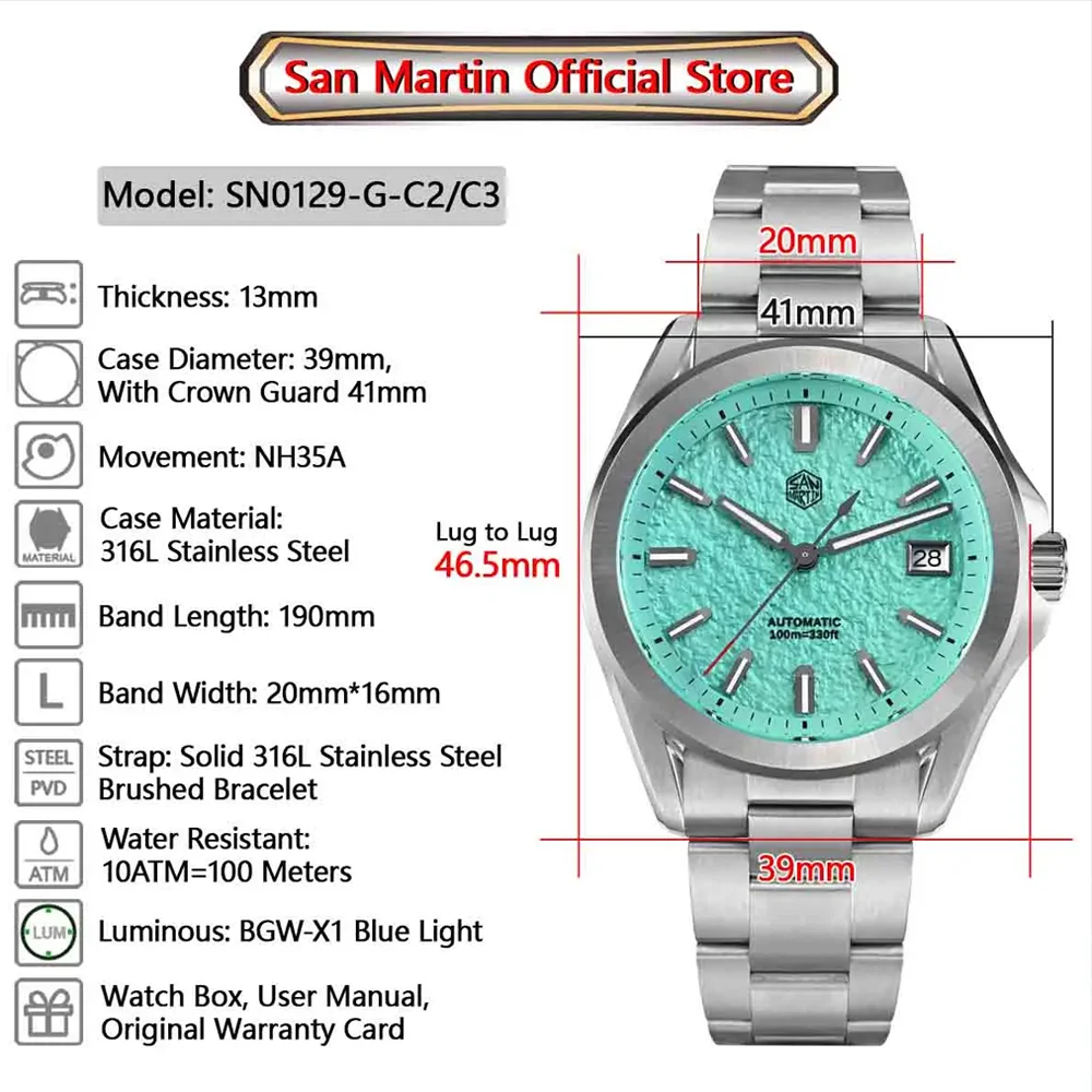 San Martin Original 2024 New Gada Fashion Sport Watch 39mm NH35 Automatic Mechanical Men Watches Dress Waterproof 100m Luminous