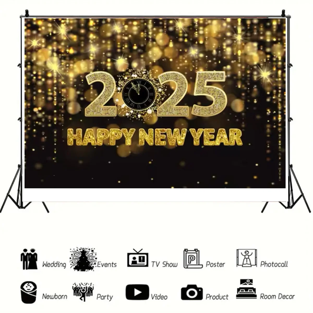 2025 Happy New Year Eve Theme Family Gathering Party Background Fireworks Champagne Golden Balloon Banner Decoration Background