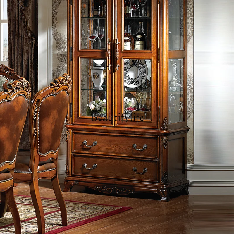 American solid wood double door wine cabinet luxury European style retro glass complete cabinet with door
