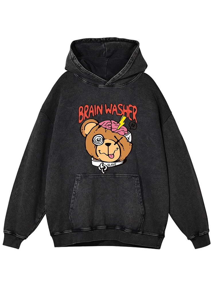 

Funny Graffiti Little Bear Printing Womens Distressed Cotton Hoodie Simple Retro Washed Hoodies Street Crewneck Autumn Clothes