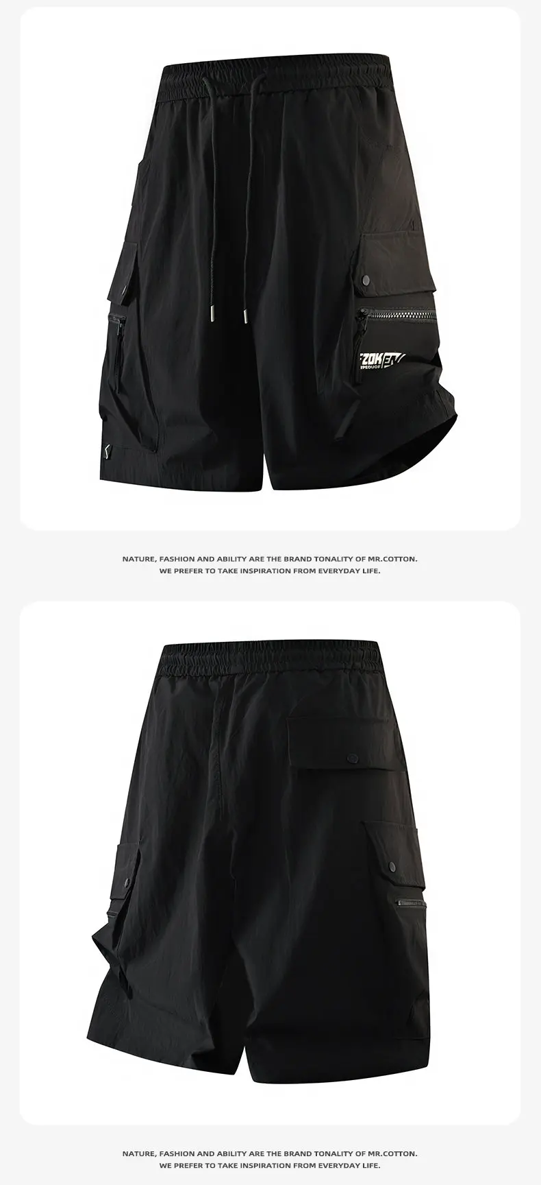 Lässige Herren-Shorts mit Kordelzug und elastischem Bund, lockere knielange Hosen, Sommer 2026, Five-Cent-Jogger mit Reißverschlusstaschen – Detail 11