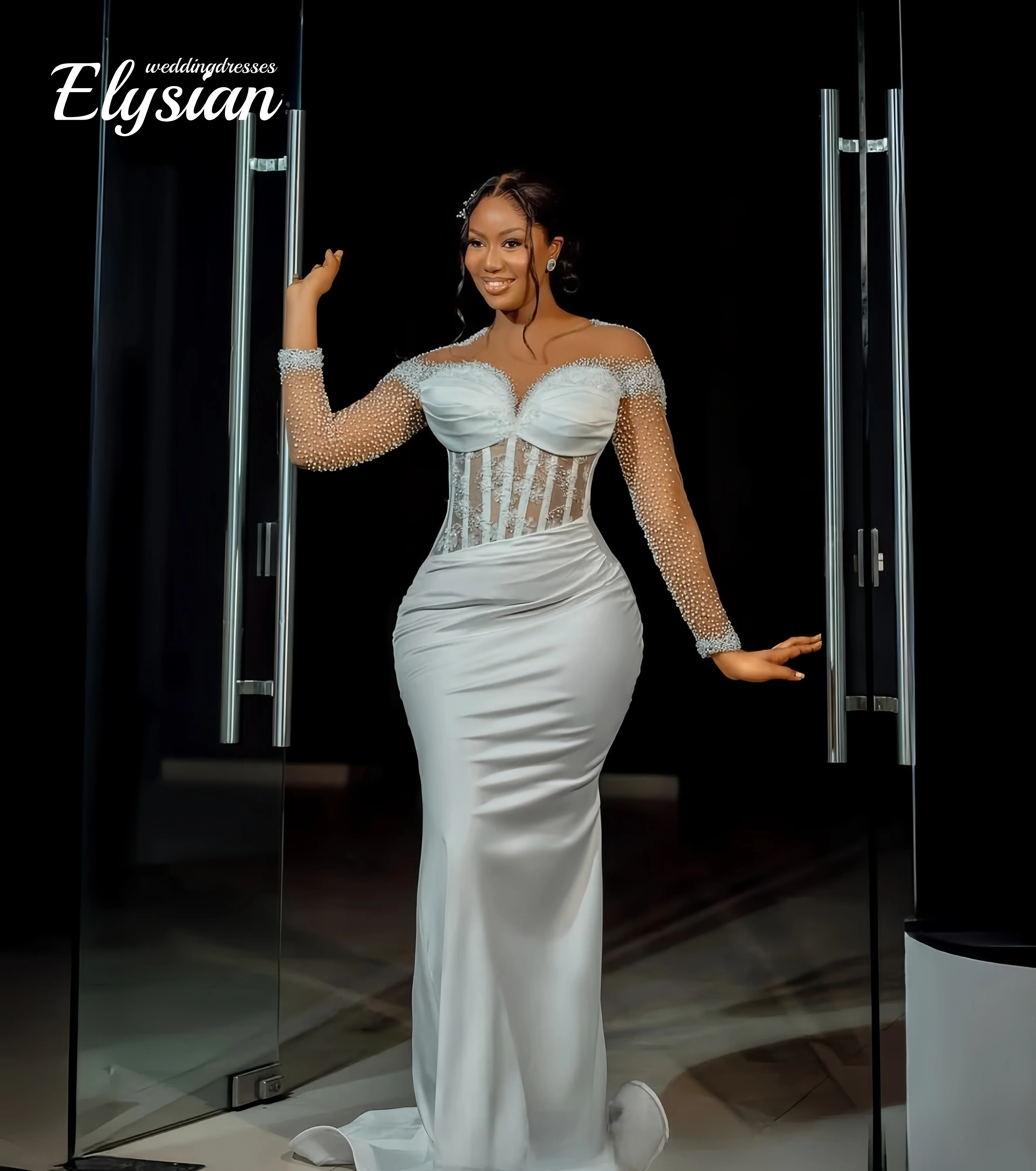 Customized Sheer Neck Shinny Beads Sequins Stunning Wedding Dress  Long Sleeves Vintage Bridal Gowns Vestidos Noivas