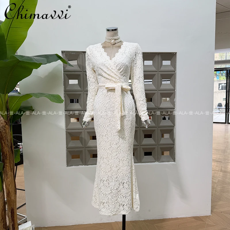 

French Style Elegant Bodycon Evening Dress V-neck Long Sleeve Embroidered Lace-up Bow Slim Long Fishtail Dresses Women Autumn