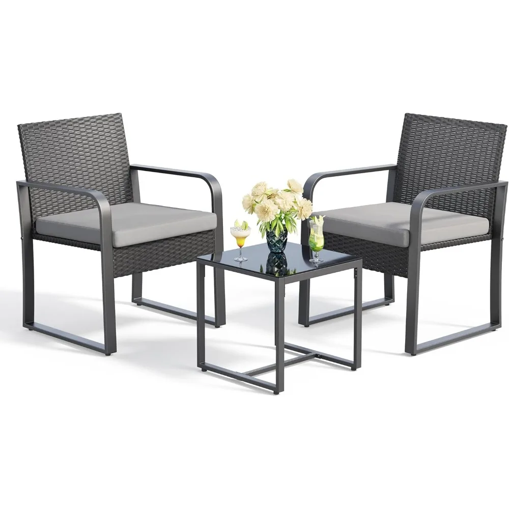 3 Pieces Patio Set Outdoor Wicker Furniture Sets, Modern Rattan Chair Conversation Sets with Coffee Table, for Yard, Bistro