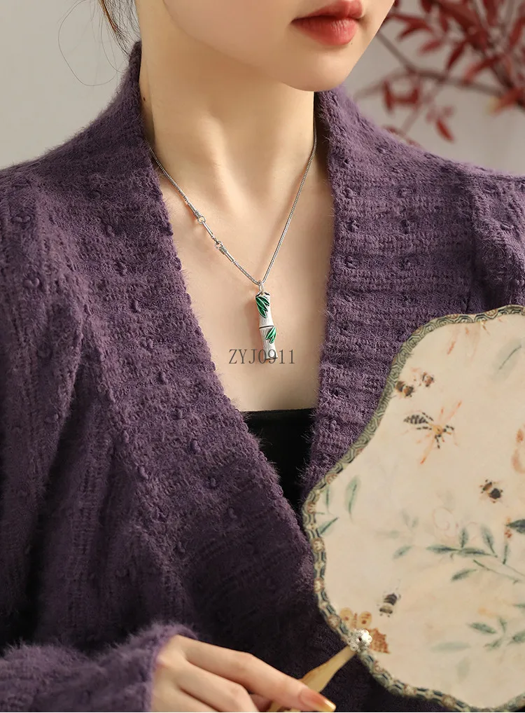 Pie plata esmalte bambú colgante collar feminidad personalidad estilo étnico versátil nueva joyería china