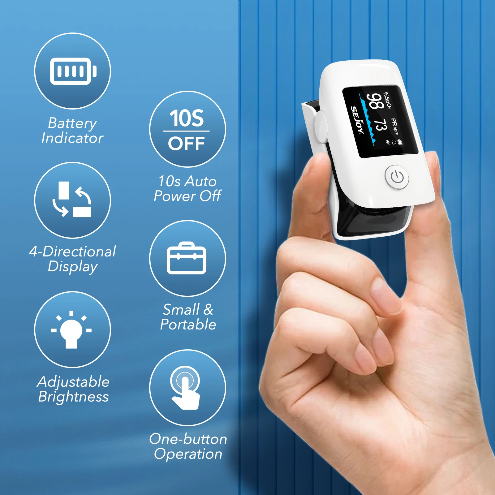 SEJOY مقياس التأكسج ببصمة الإصبع SpO2 مراقب تشبع الأكسجين في الدم مع مستشعر معدل ضربات القلب للبالغين والأطفال المسنين الرعاية الصحية المنزلية