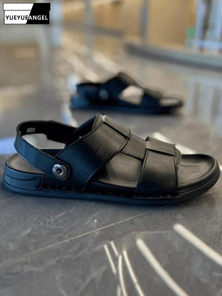 Concise Genuine Leather Male Open Toe Platform Beach Sandals Summer Cool Solid Color Cowhide Slip On Hard Wearing Footwear