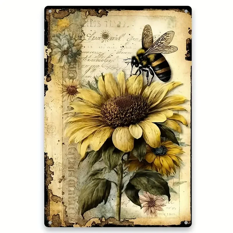 1pc Metal Tin Sign, SUNFLOWER AND BEE Aluminum Sign, 8x12In/30x20cm, Vintage Plaque Decor Wall Art, Wall Decor, Room Decor, Home