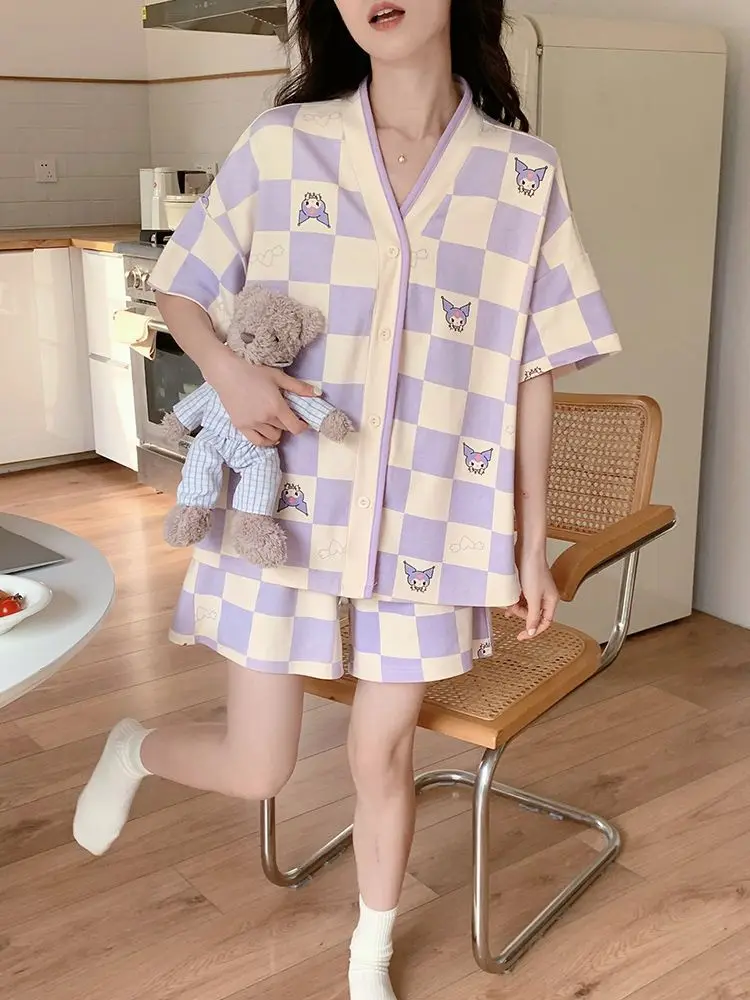 Pijama Divertido de Sanrio, Pijama Corto de Kuromi, Ropa de Dormir de Manga Corta, Pijama Kawaii de Verano, Negligee de Dibujos Animados para Mujer, Ropa de Casa de 2 Piezas