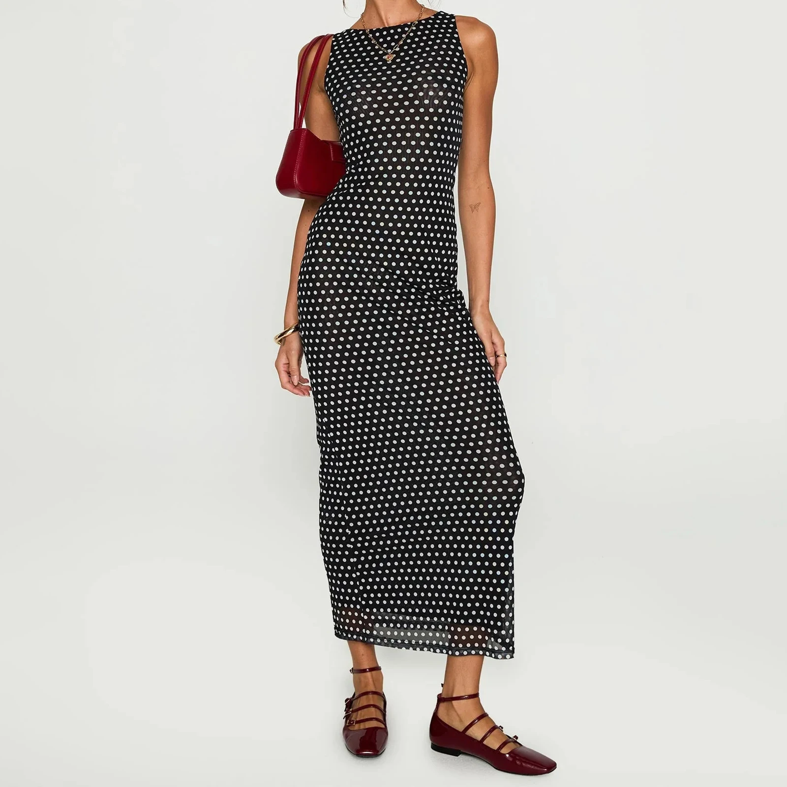 Elegant Women's Summer Long Tank Dress Dot Print Sleeveless Slim Fit Chiffon Dress for Party Casual