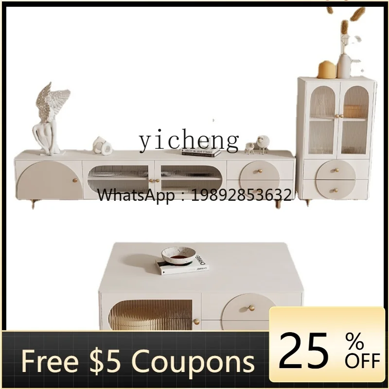 

ZZ Zf Solid Wood TV Cabinet Coffee Table Combination Simple Cream Style Living Room Background Wall Floor Cabinet