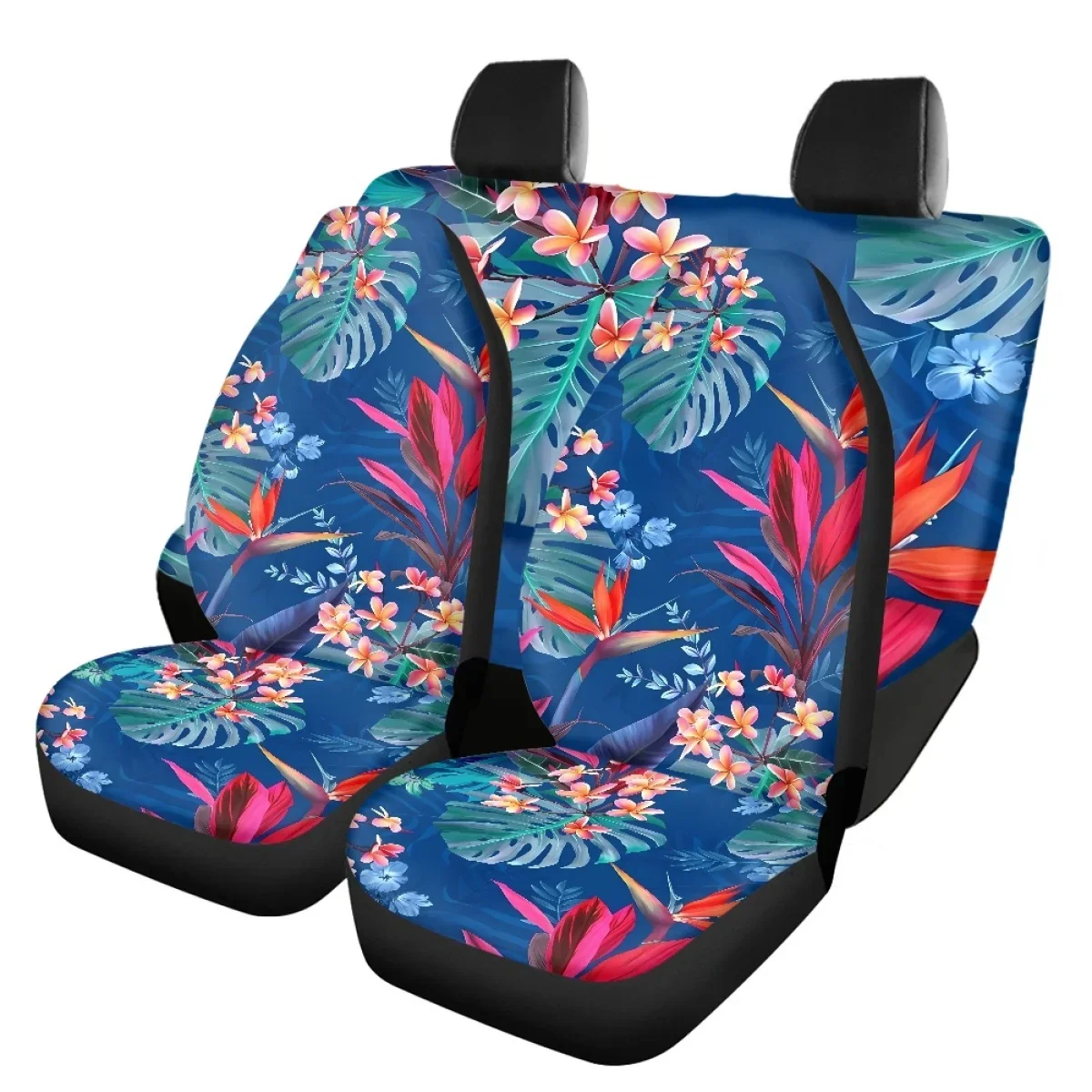 Hawaii Tropical Plumeria Print Front and Back Car Seat Cushion Seat Cover Monstera and Bird of Paradise Design Auto Seat Protect