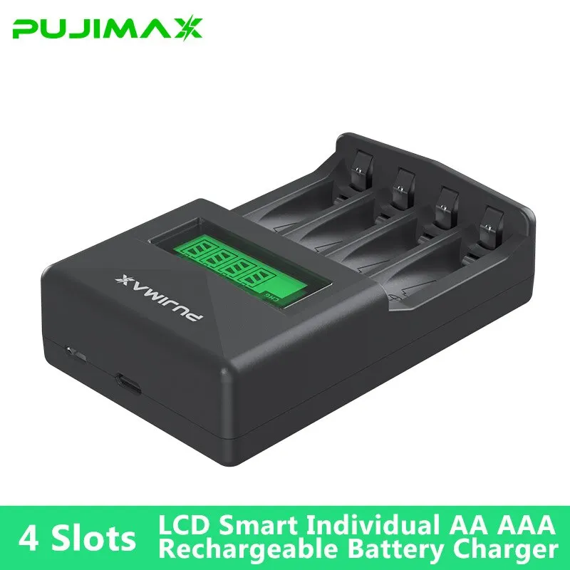 PUJIAMX AA/AAA เครื่องชาร์จแบตเตอรี่แบบชาร์จไฟได้จอแสดงผล LCD อะแดปเตอร์แบบพกพาสาย USB TypeC แบตเตอรี่อินเทอร์เฟซเครื่องมือชาร์จเร็ว