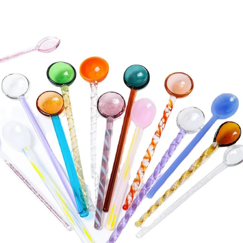 1PC Glass Milk Spoon Colored Transparent Coffee Dessert Stirring Spoons Long Spiral Handle High Temperature Resistant Kitchen