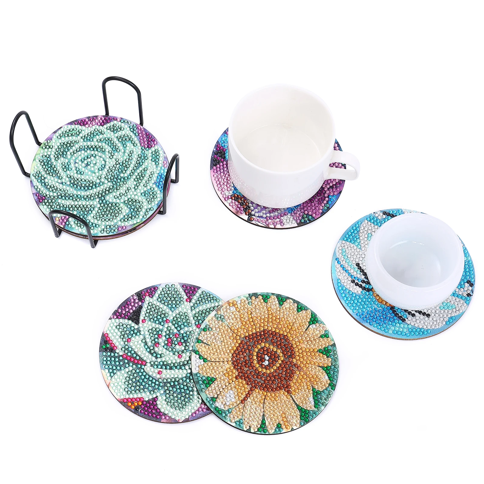 ماندالا الكريستال أحجار الراين الوقايات الخشبية للبالغين ، الوقايات الفنية الماس ديي مع حامل ، 6 في المجموعة