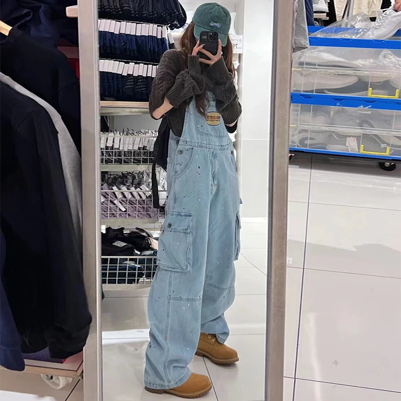 

Vintage Sle Splaed Ink Denim Overalls Women's Autumn Winter New Large Size Design Sense Faionable All-Match Jumpsuit
