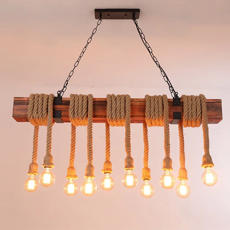 Retro Industrial Chandelier Solid Wood Hemp Rope Light Bar Restaurant Cafe Dining Room Pendant Lamp Wood Drop Light Hanging Lamp