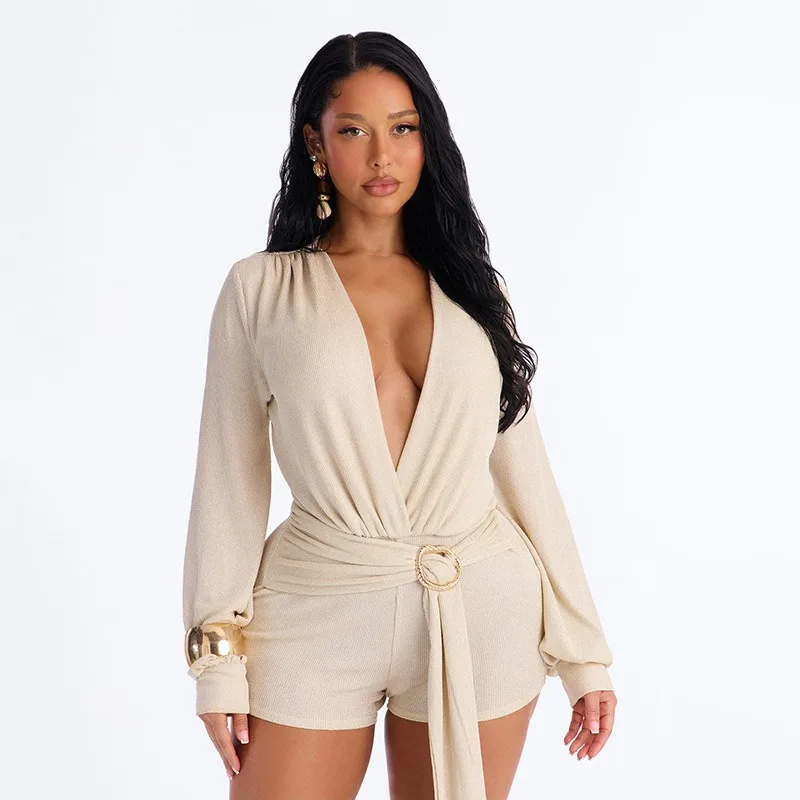 Deep V Long Sleeve Mini Jumpsuit, Solid Color Waist Cinched Metal Buckle Strap for Women, Autumn Romper