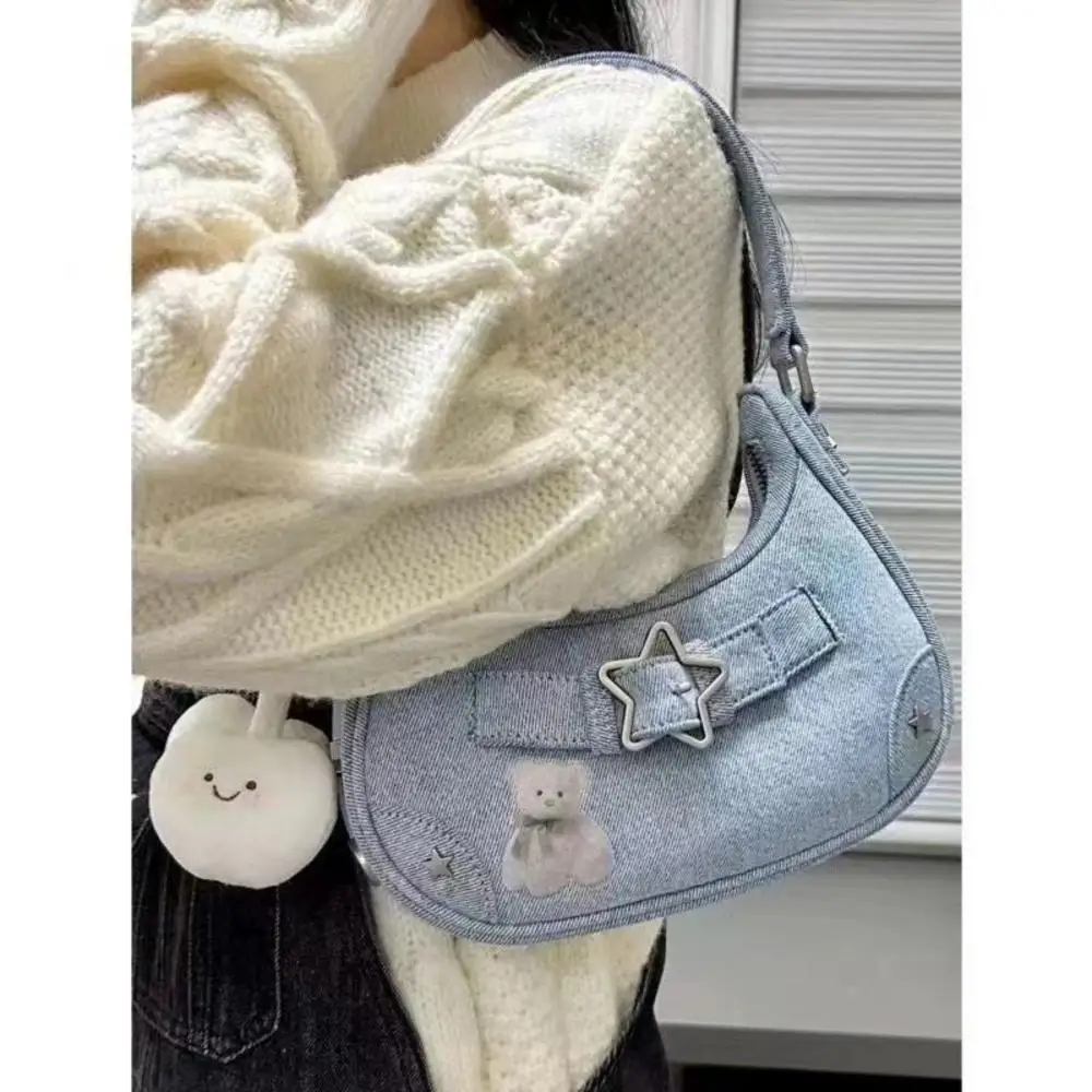 Iskybob Frauen y2k Tasche Vintage Umhängetasche Star Handtaschen für Frauen Denim Y2K Mädchen Damen Geldbörse Tasche Hobos coole Achsel Tasche