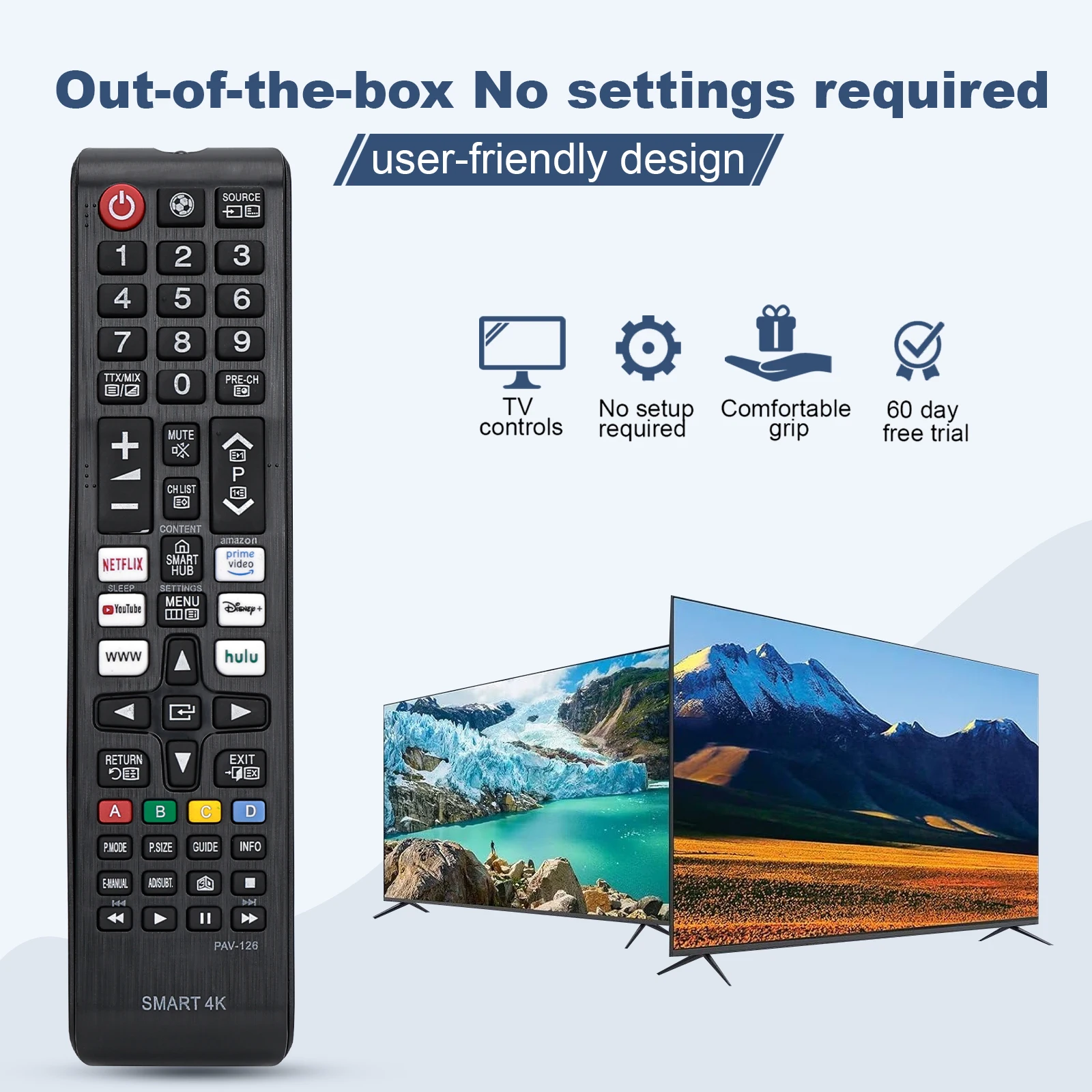 Control remoto de repuesto para televisores Samsung Smart 4K UHD LED LCD, Netflix integrado, Prime Video, Hulu, teclas de acceso directo de Disney+, sin configuración